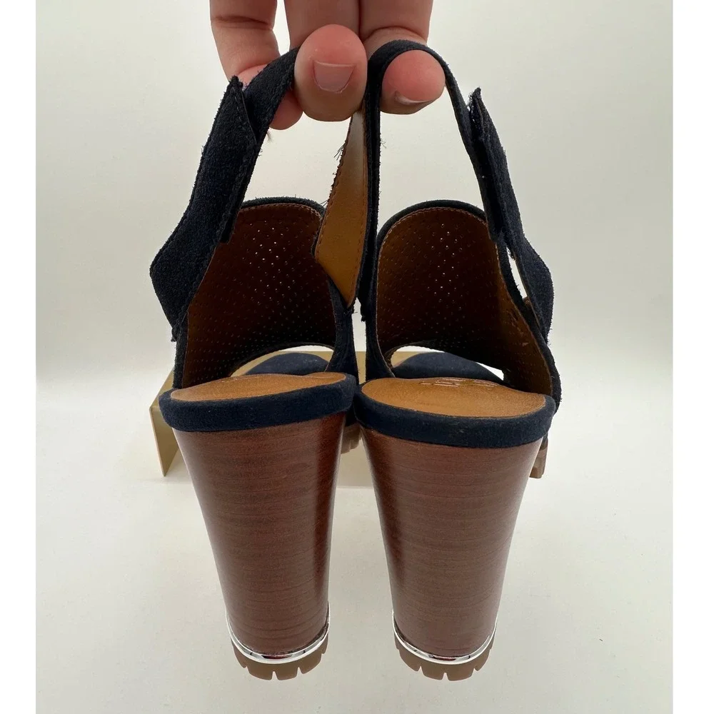 FRANCO SARTO Austin Navy Blue Suede Perforated Lug High Heel Slingback Sandals 7